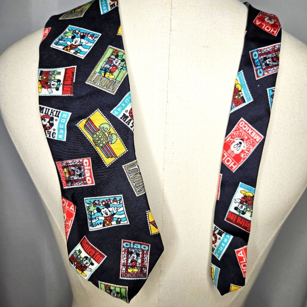 Vintage Mickey Silk Tie, Never Worn, Stamps Around the World